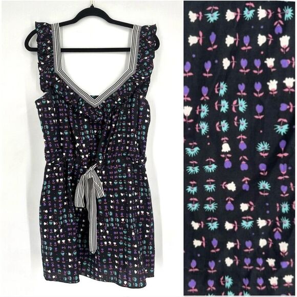 Anthropologie x Anna Sui Silk Blend Floral Dress Stripe Trim Sz 8 Black Colorful - Picture 1 of 8